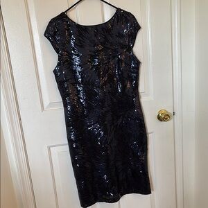 SLNY Navy Blue Sequin Cap Sleeve Mini Dress